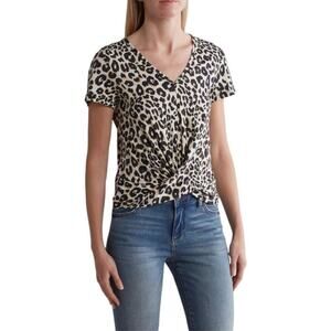 Sanctuary XL Leopard Print Twist Hem V-Neck Short Sleeve Casual Top